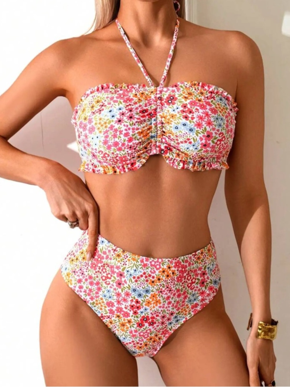 Floral Bandeau High-Waist Bikini Set - Pink Multi